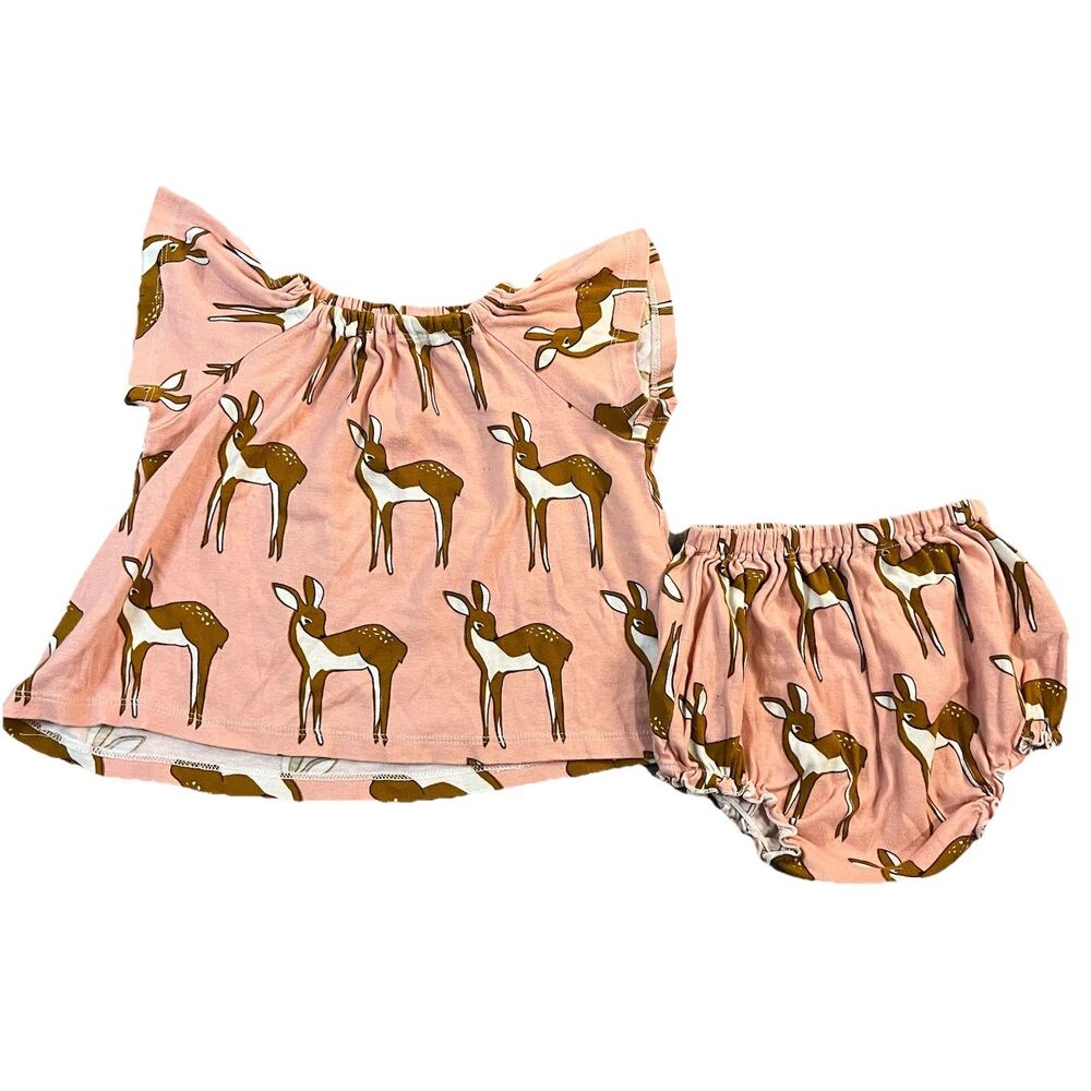 MILKBARN Organic Cotton Dress & Bloomer Pink Deer Wildlife Print Set 6-12M